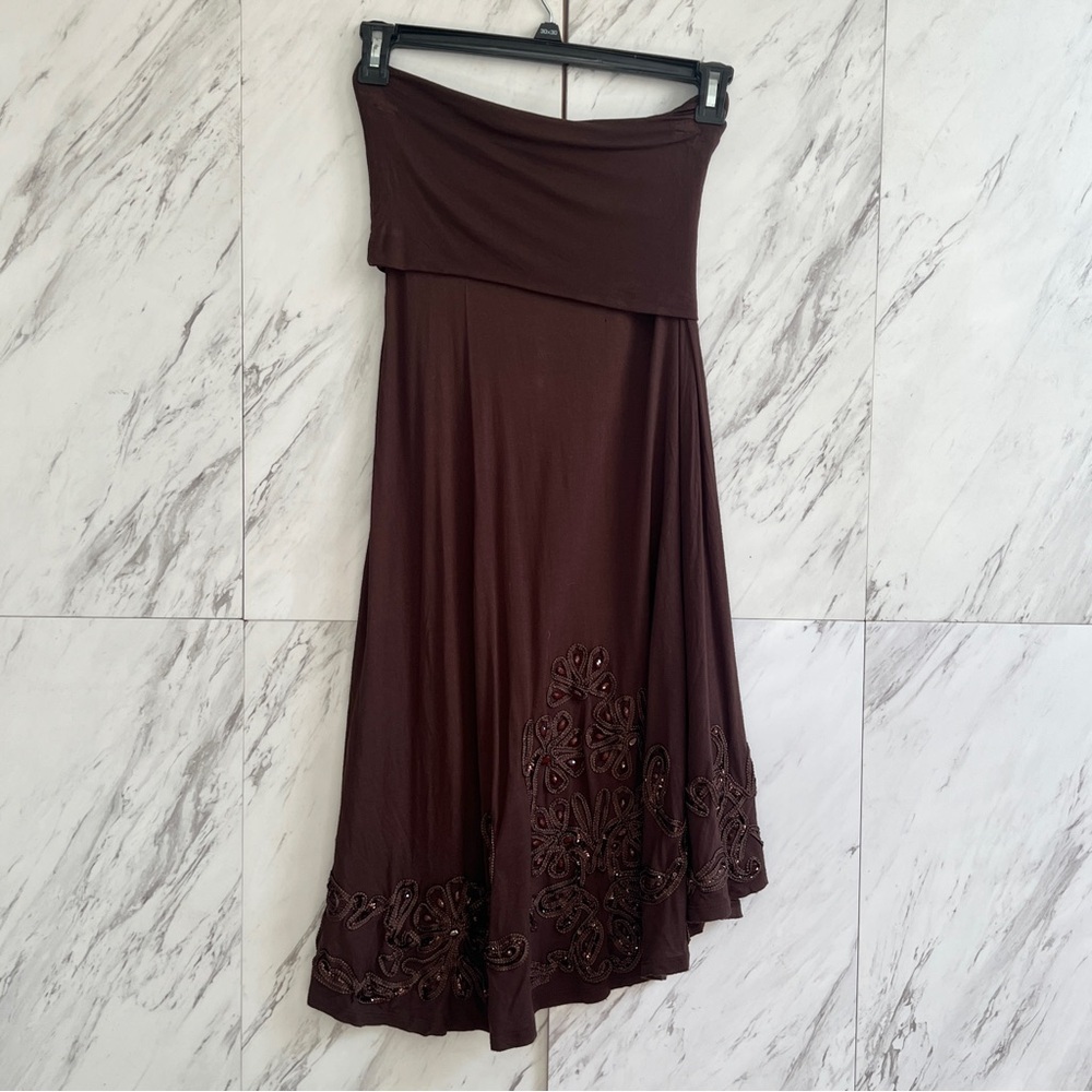 INC International Concepts Brown Floral Beaded Asymmetrical Boho Skirt Dress XS